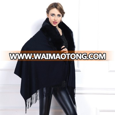 Luxury Fashion Shawl Fox Fur Scarf Solid Color Wool Poncho